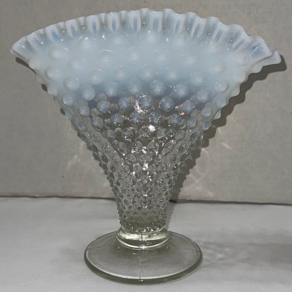 Vintage Fenton French White Opalescent Hobnail Fan Vase 8 1/4" Crimped #4039
